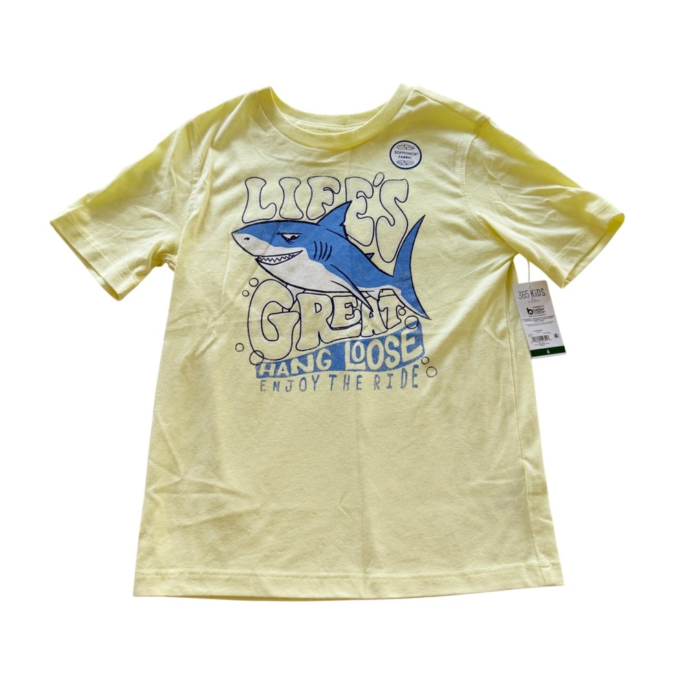 365 Kids Graphic Tee Kids Size 6 Yellow Shark Hang Loose Short Sleeve Shirt